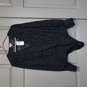 NWT a peach black gold Long bubble sleeve surplice bust body suit size large